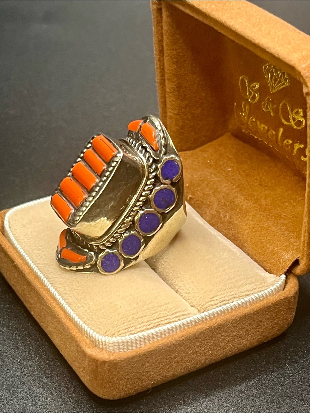 Southwestern Style Orange blue Inlay Statement Ring. Unmarked, not tested